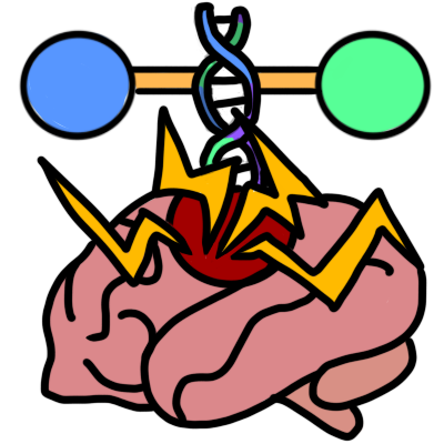 a red circle on a brain, with yellow impact lines coming from it. a string of DNA is hitting it. on either side of the DNA is a circle, both connected to the DNA with a horizontal orange line. they meet at the same level. the drawing has a white outline.